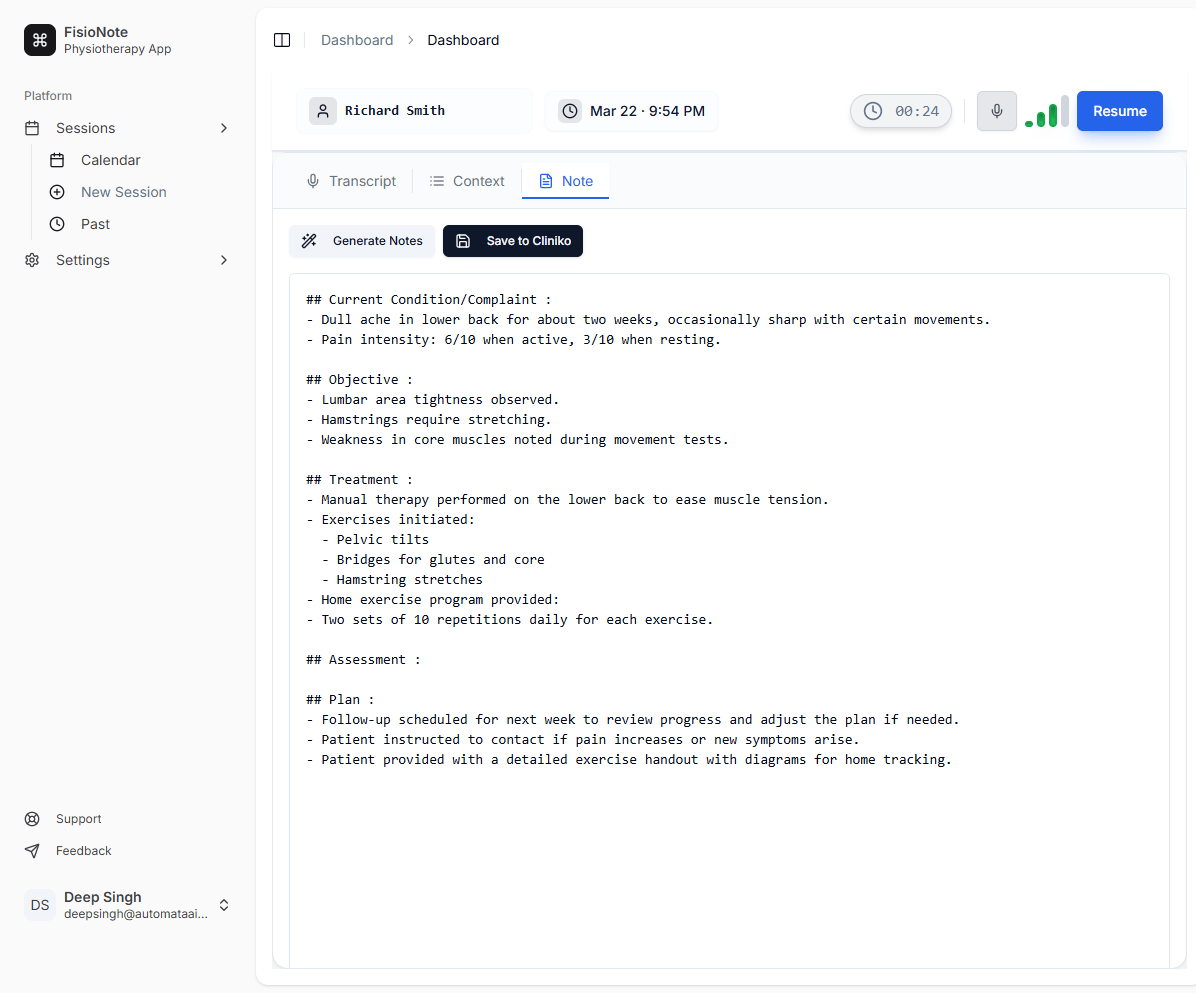 FisioNote Dashboard